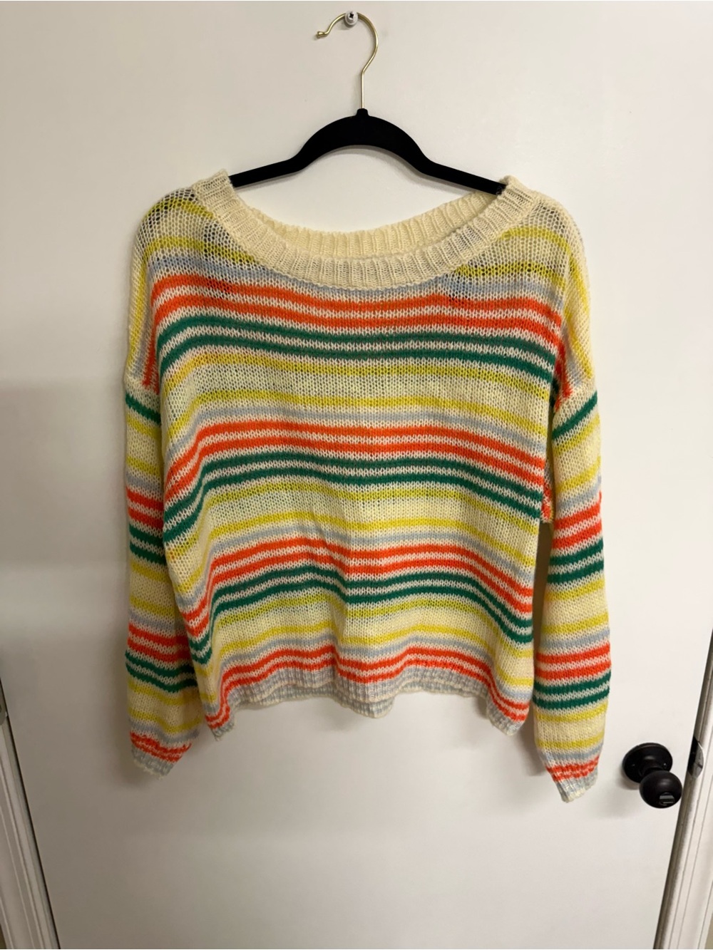 Fashion Nova Cream Sweater with Orange, Green & Yellow Stripes